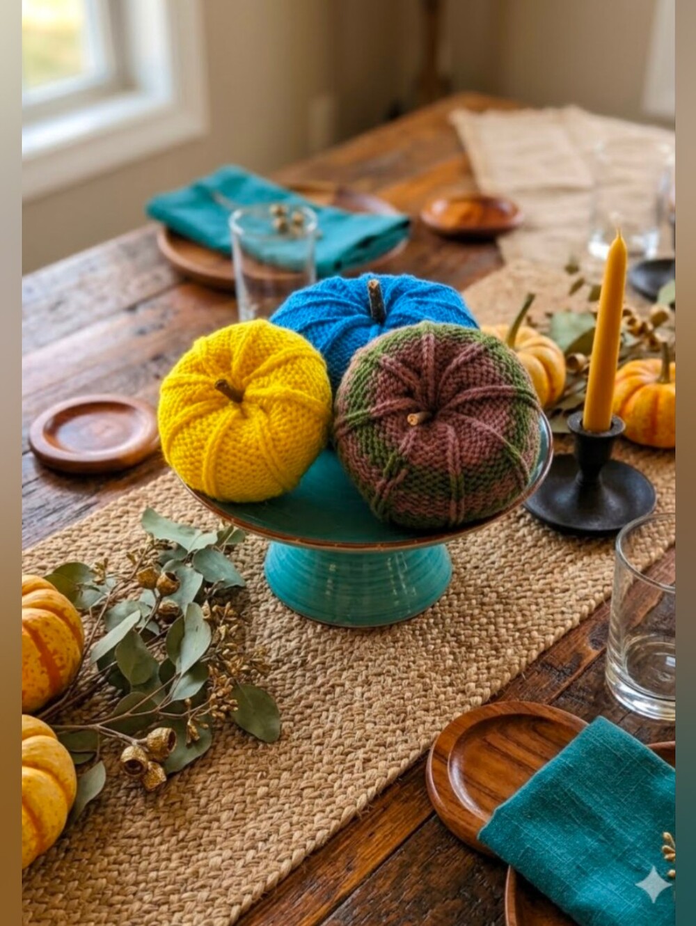 Set of 3 Hand Knit Pumpkins Yellow Blue Brown/Olive